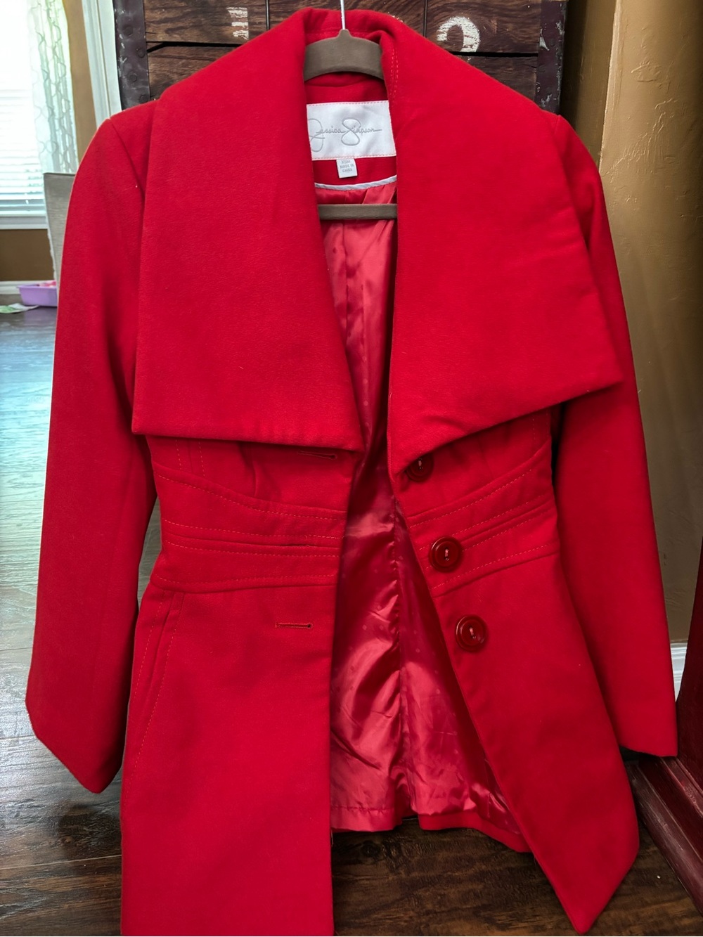 Jessica Simpson Bold Red Pea Coat with Wide Collar